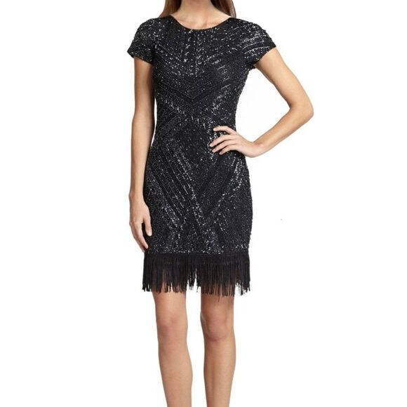 Aidan Mattox NWT Beaded Fringe Trim Cocktail Dress in Navy Size 10 - Picture 2 of 5